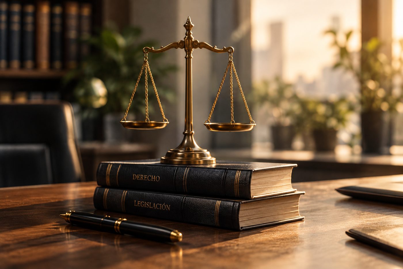 Balanza de la justicia sobre libros de derecho en un escritorio con luz cálida